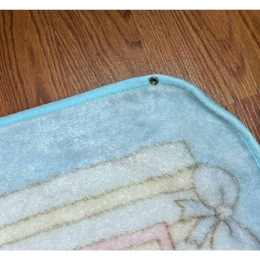 Casa Imports Baby Blanket Acrylic Plush Blue Pastel Bear Rocking Horse Spain VTG